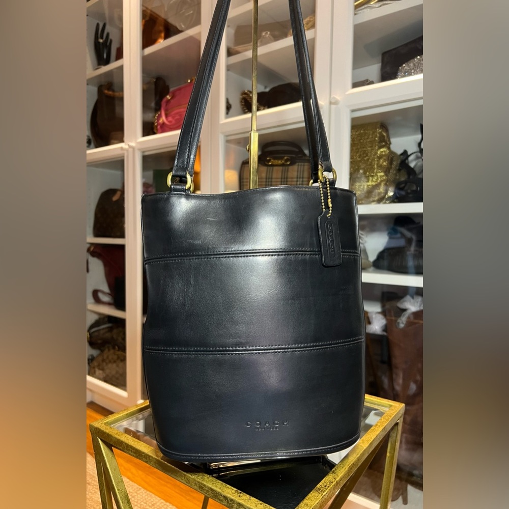 Black Leather Vintage Coach Tribeca Double Handle Bucket Bag
